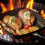grilled chicken breast flaming grill with grilled vegetables tomatoes herbs lemon rosemary healthy lunch menu 1
