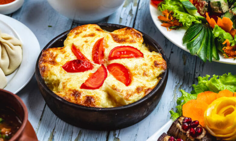side view casserole with potato cheese tomato clay dish 141793 4802 1